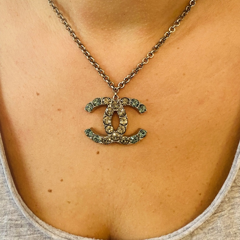 Chanel Turquoise Clear Crystal Large Pendant Necklace